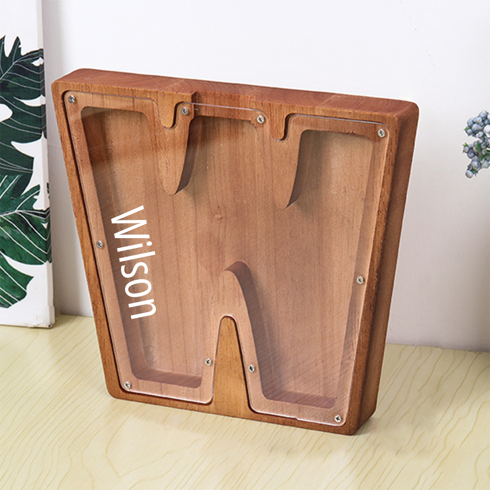 Custom Initial And Name - Personalized Letter And Name Brown Wooden Piggy Bank