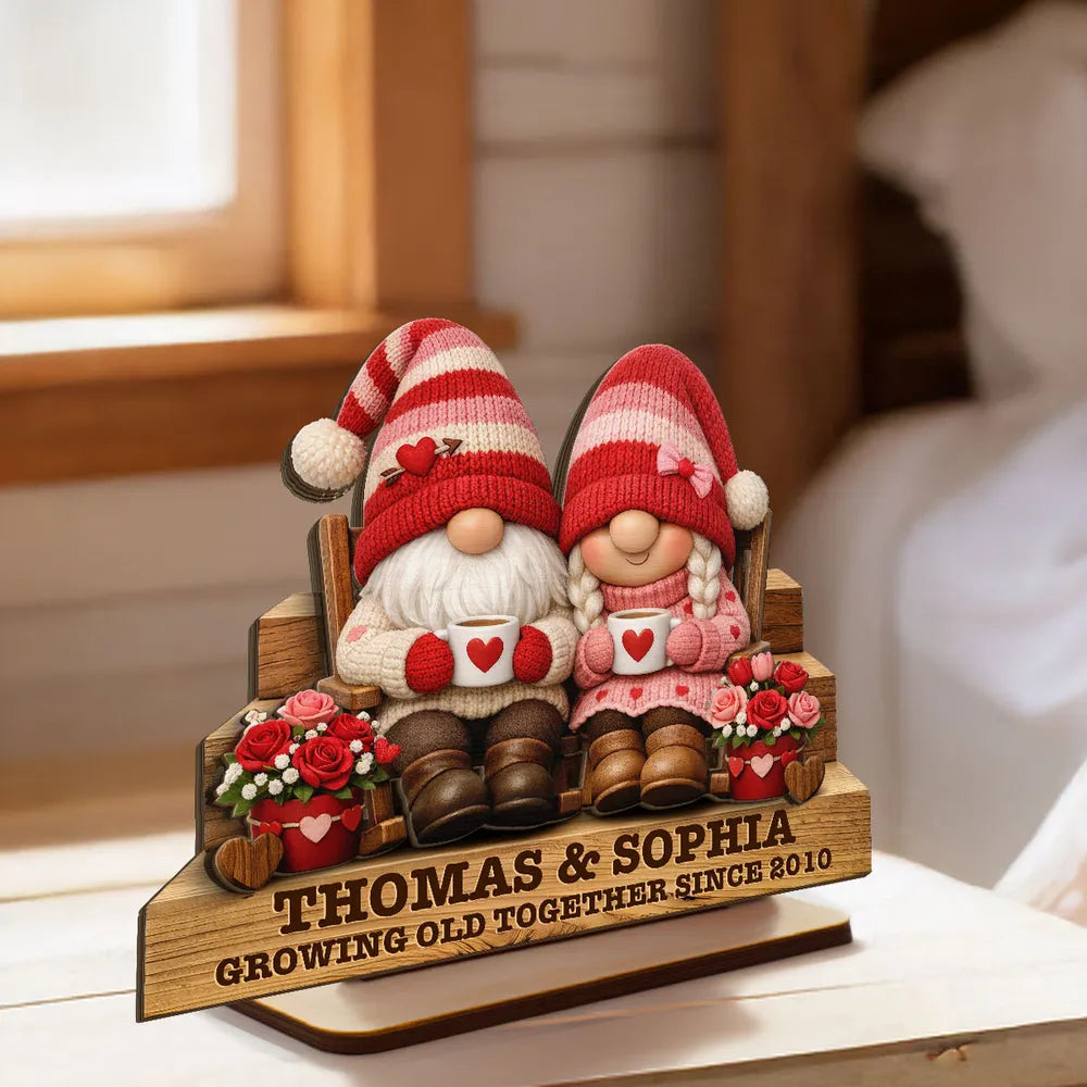 Personalized 2-Layer Wooden Plaque Gnome Couple on Bench with Heart Mugs, Cozy Home Decor, Unique Gift for Couple