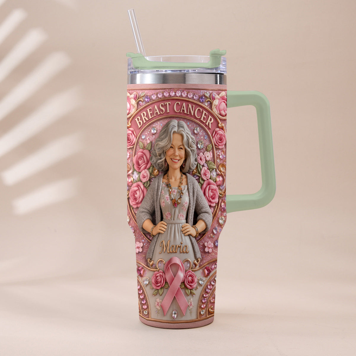 Hope Strength Love - Personalized Breast Cancer Awareness Tumbler With Plush Charm