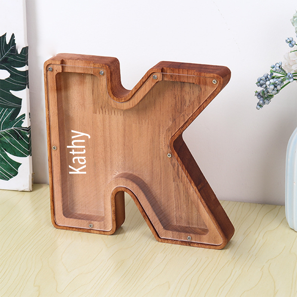 Custom Initial And Name - Personalized Letter And Name Brown Wooden Piggy Bank