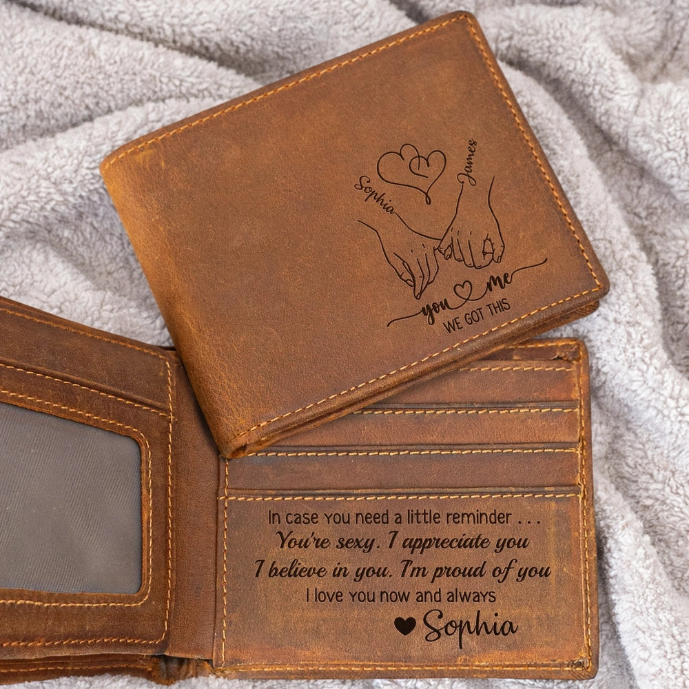 Personalized Cowhide Leather Wallet With Holding Hands Love Line Art Unique Romantic Gift For Boyfriend Or Husband
