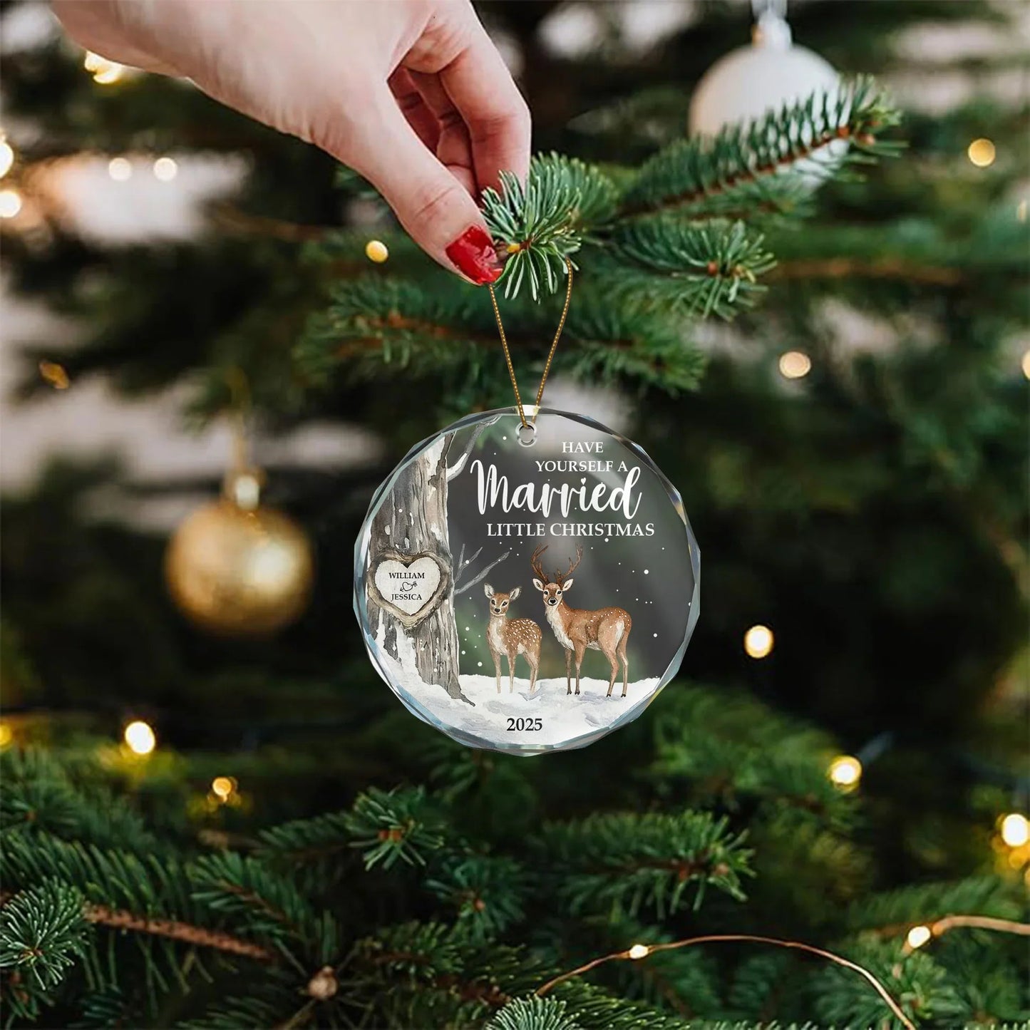 Crystal Ornament with Deer in Snowy Forest, Married Christmas Theme, Heartfelt Holiday Decoration, Perfect Gift for Couples