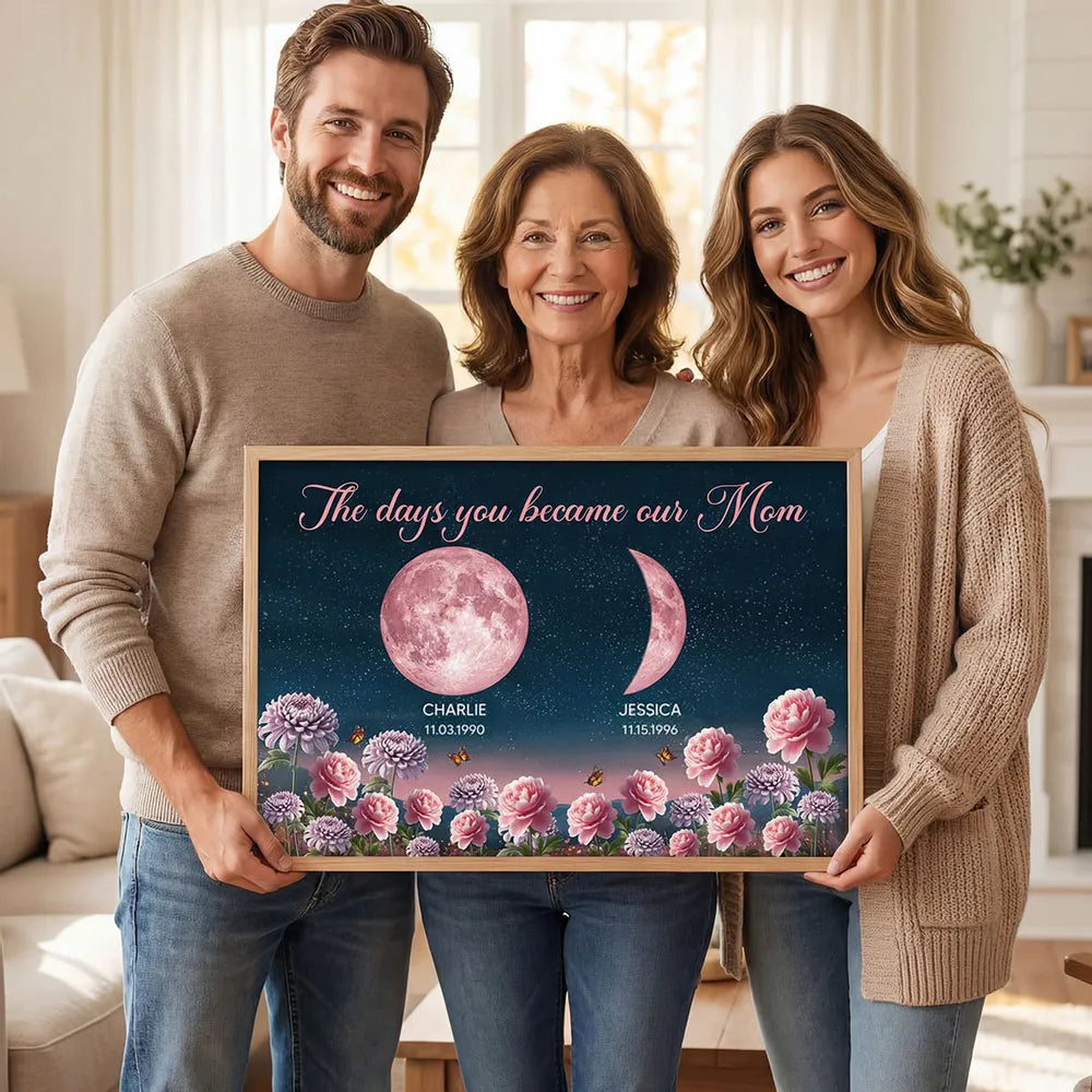 The Days You Became Our Mom Poster, Personalized Moon Phases and Birth Month Flowers, Heartfelt Gift for Mom