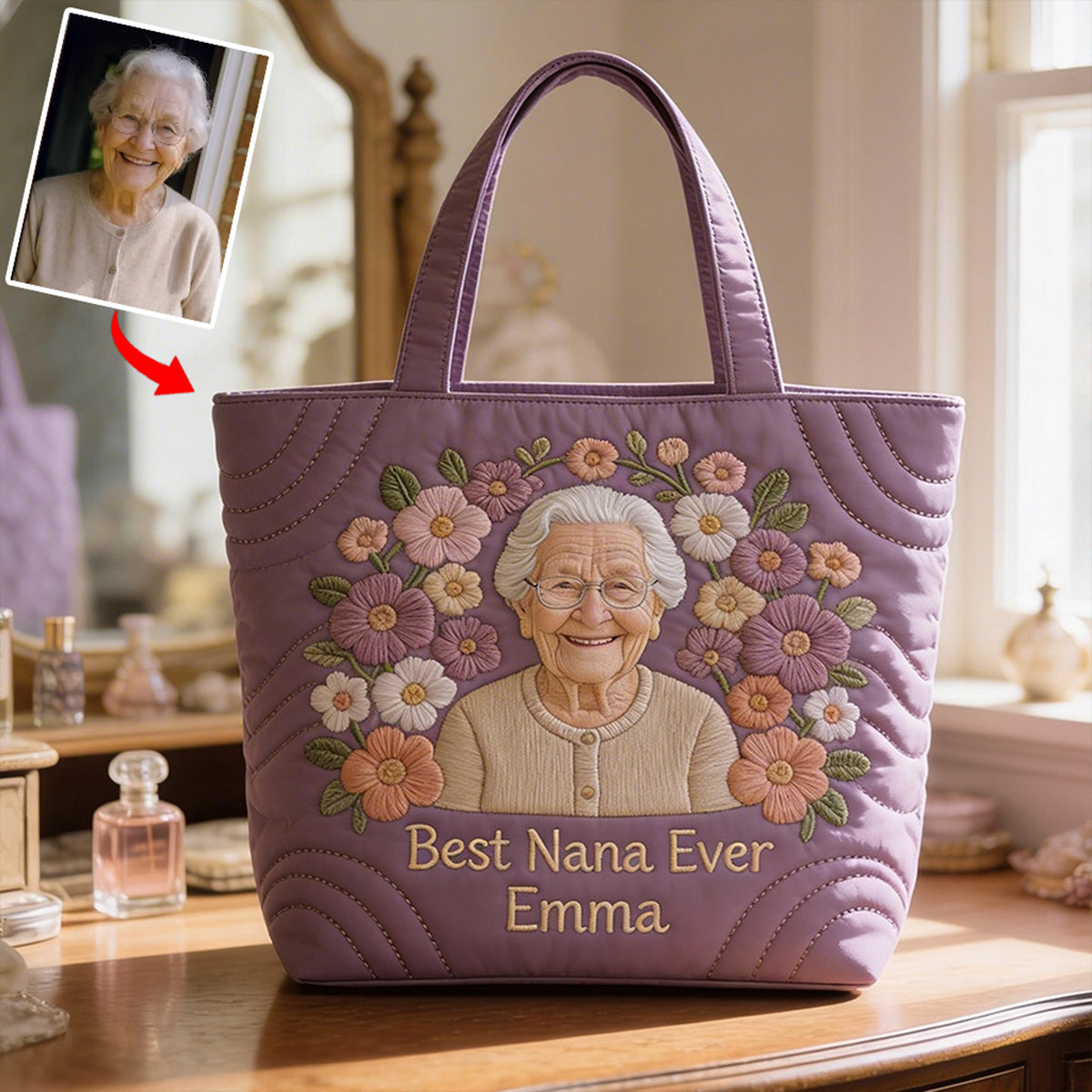 Floral Portrait Quilted Tote - Personalized Grandma Quilted Tote Bag