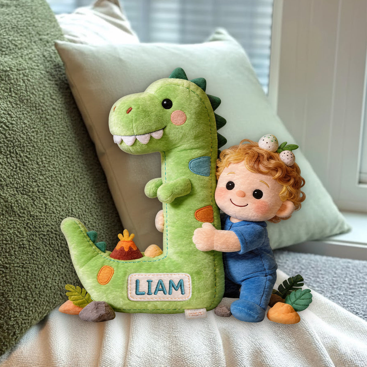 Dinosaur Alphabet Letter & Custom Photo - Personalized Kid Premium Faux Fur Pillow