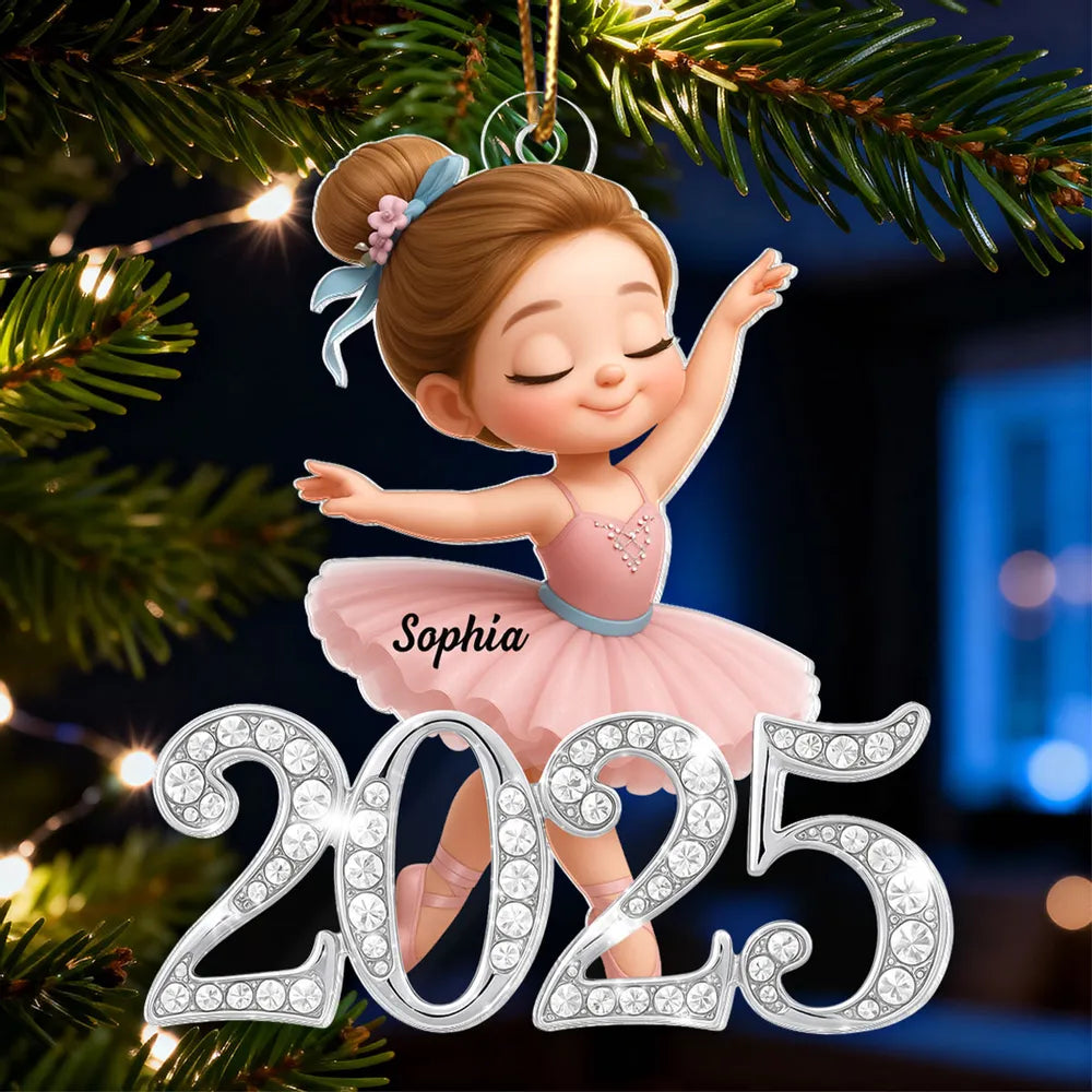 Personalized Acrylic Ornament Ballerina Girl with Sparkly Year Detail for Christmas Tree Decor, Unique Gift for Kids