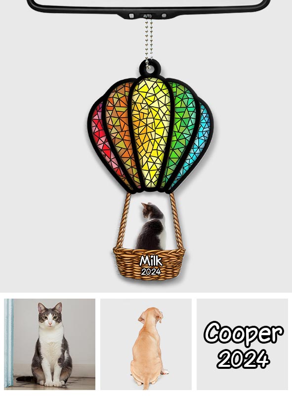 Cat Dog Flying With Air Balloon - Personalized Cat Transparent Car Ornament
