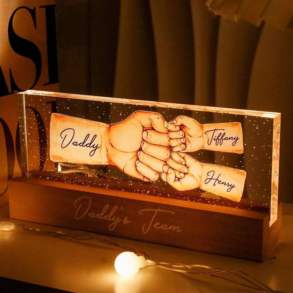Daddy's Team Fist Bump Personalized Acrylic LED Night Light, Father's Day Gift For Dad, Grandpa, Husband