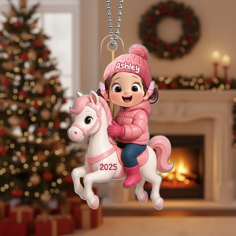 Girl Riding Horse Acrylic Ornament – Personalized Christmas Gift for Kids, Heartwarming Family House Keepsake