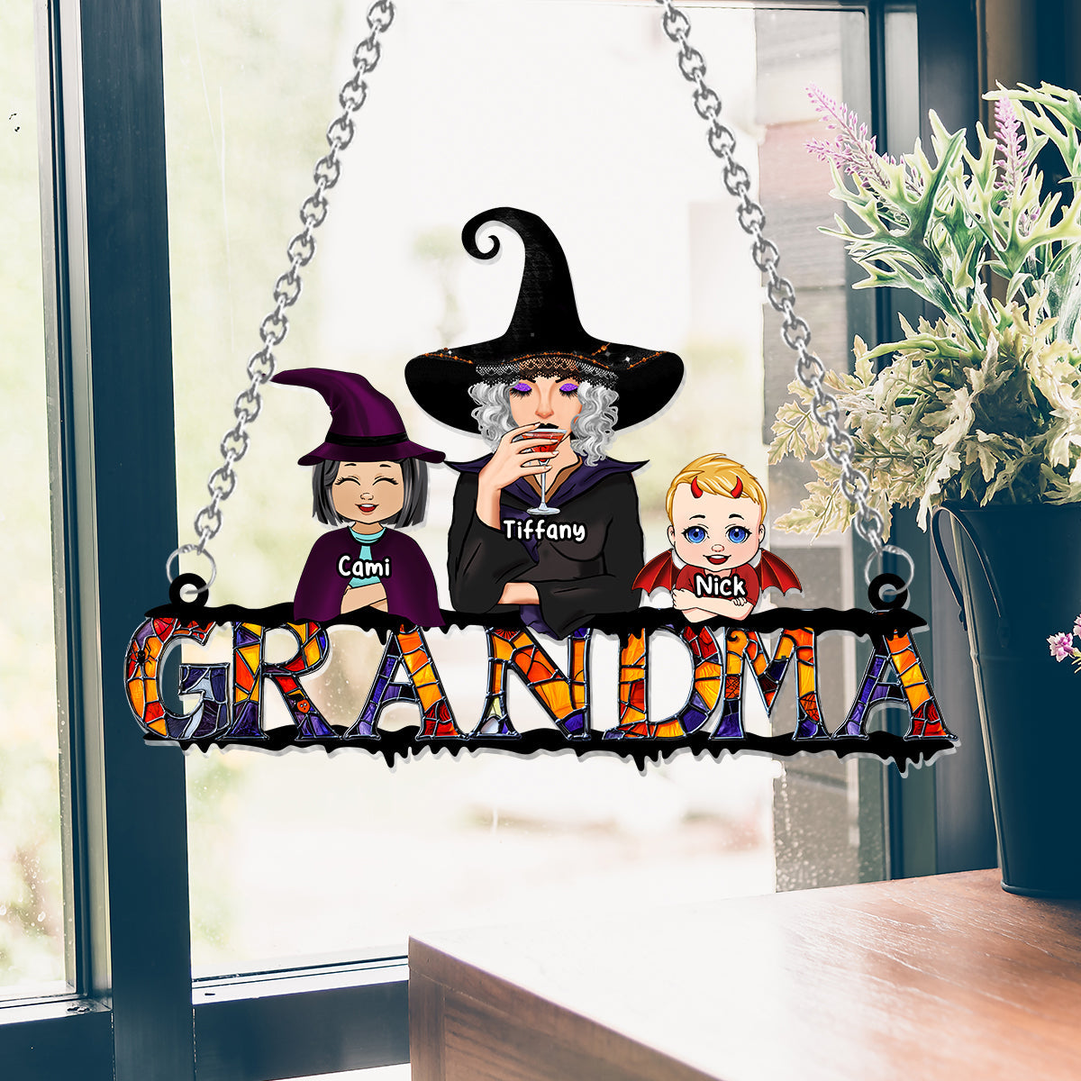 Grandma Halloween - Personalized Grandma Window Hanging Suncatcher Ornament