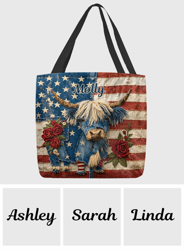 Highland Cow With Flag Pattern - Personalized Highland Cow Tote Bag