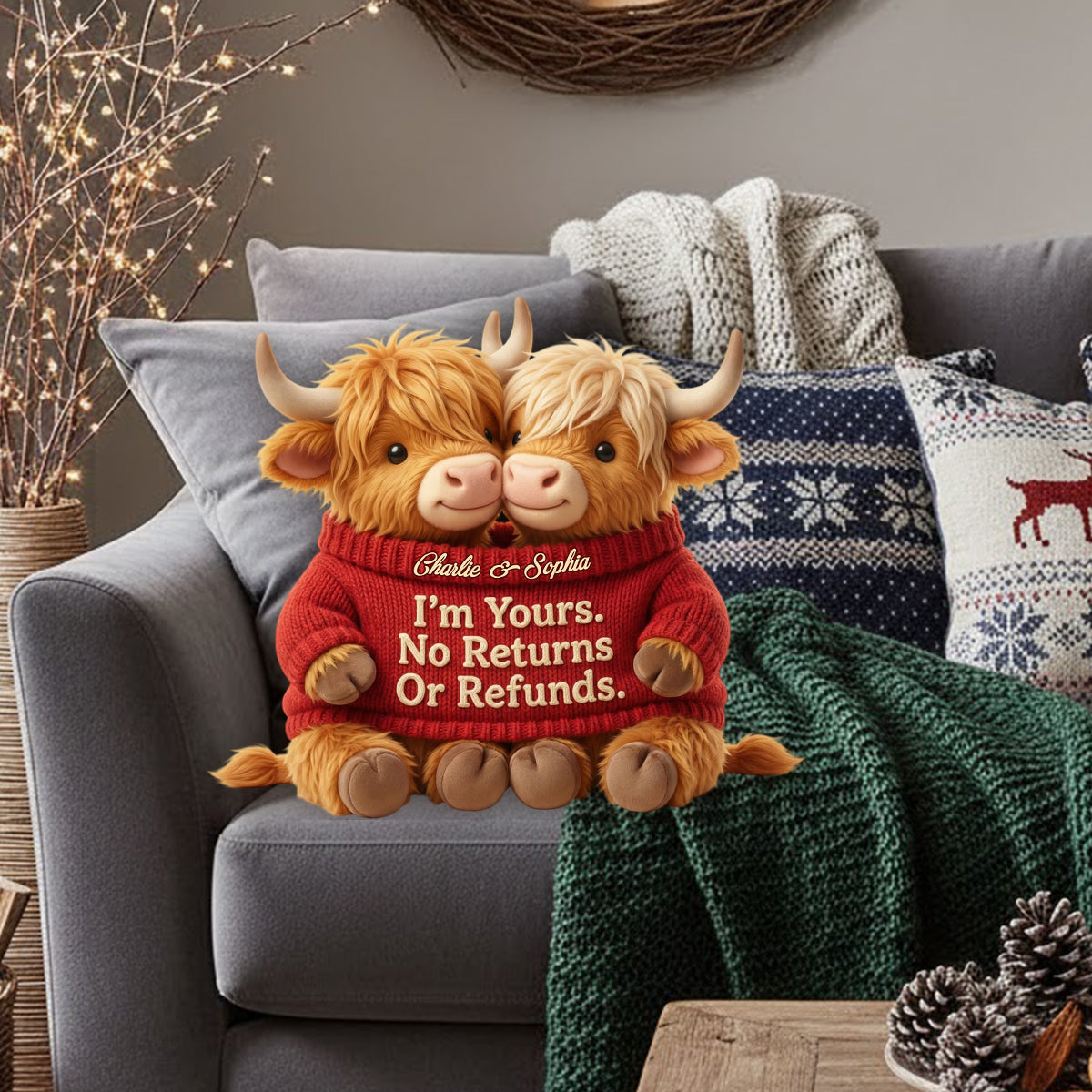 I'm Yours. No Returns Or Refunds - Personalized Highland Cow Faux Fur Shaped Pillow