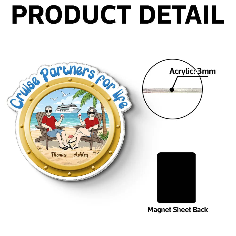Personalized Cruise Partners For Life Acrylic Magnet, Beach Couple Toasting Porthole Design, Unique Gift for Couples