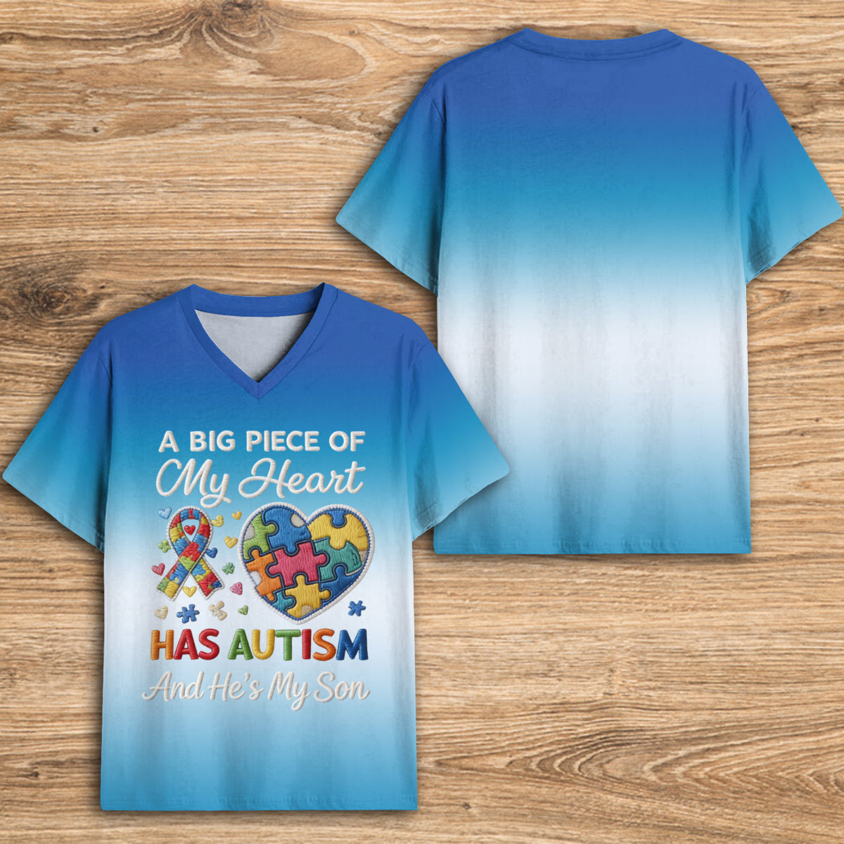 A Piece Of My Heart Has Autism - Personalized Autism Awareness V-Neck T-Shirt With Plush Pin