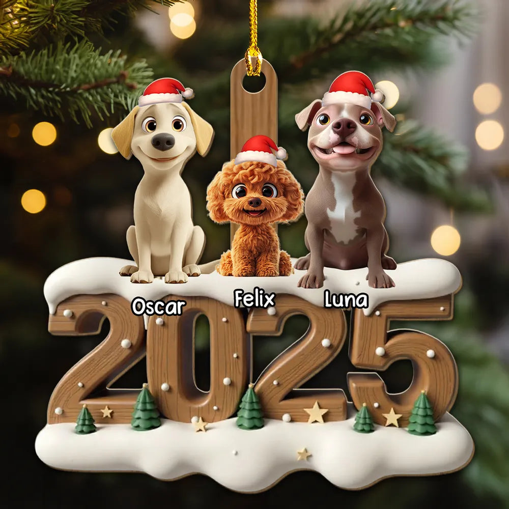 Personalized Pet Family Wooden Ornament with Santa Hats, Custom Names & Year, Heartwarming Christmas Tree Decoration