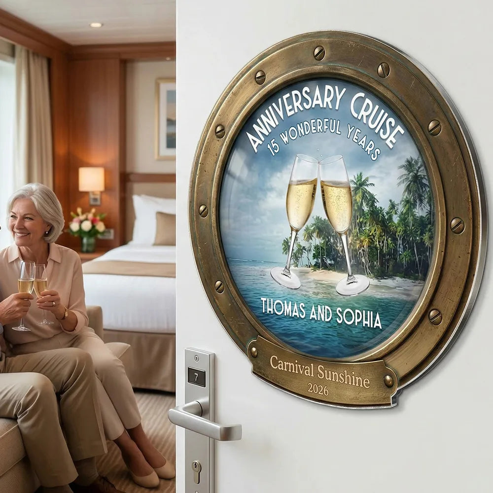Personalized Anniversary Cruise Acrylic Magnet, Champagne Toast Beach Scene, Unique Couple Gift for Cabin Door