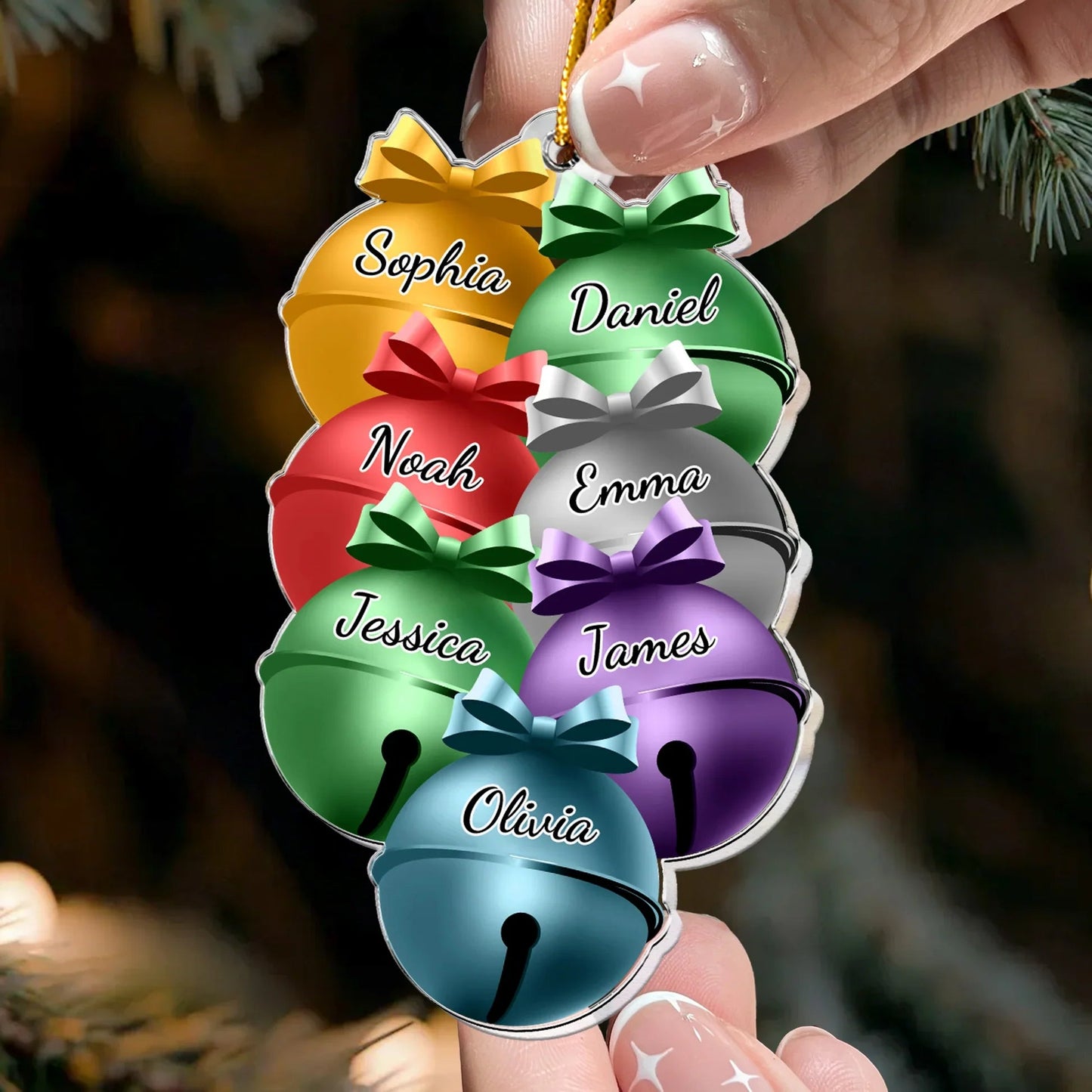 Personalized Acrylic Ornament with Colorful Family Christmas Bells, Custom Holiday Decor, Unique Gift for Festive Home Decoration