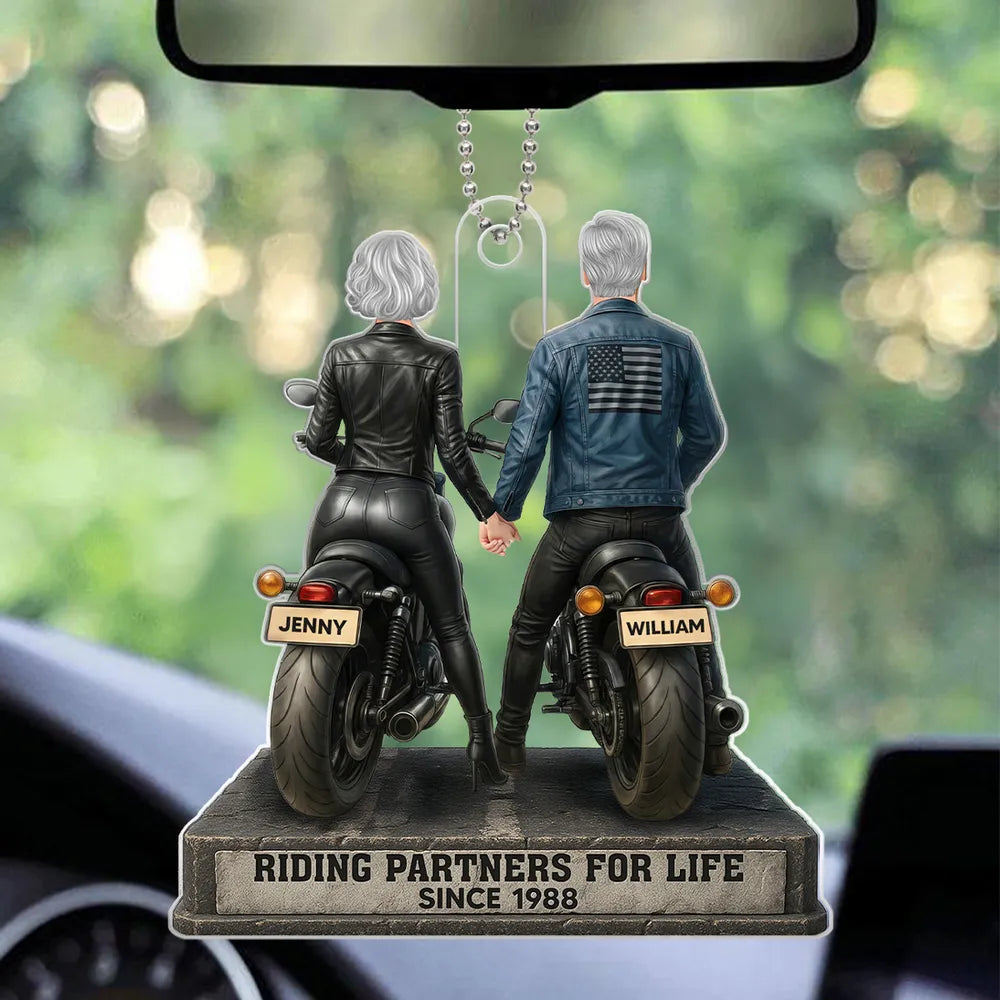 Riding Partners for Life Acrylic Car Hanger, Personalized Couple on Motorcycles Rearview Mirror Decor, Sentimental Gift for Couples