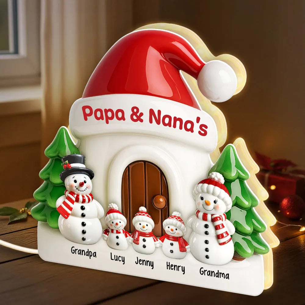Personalized Acrylic Light Box with Snowman Family House, Soft Warm Glow Christmas Gift for Grandparents, Unique Keepsake Décor