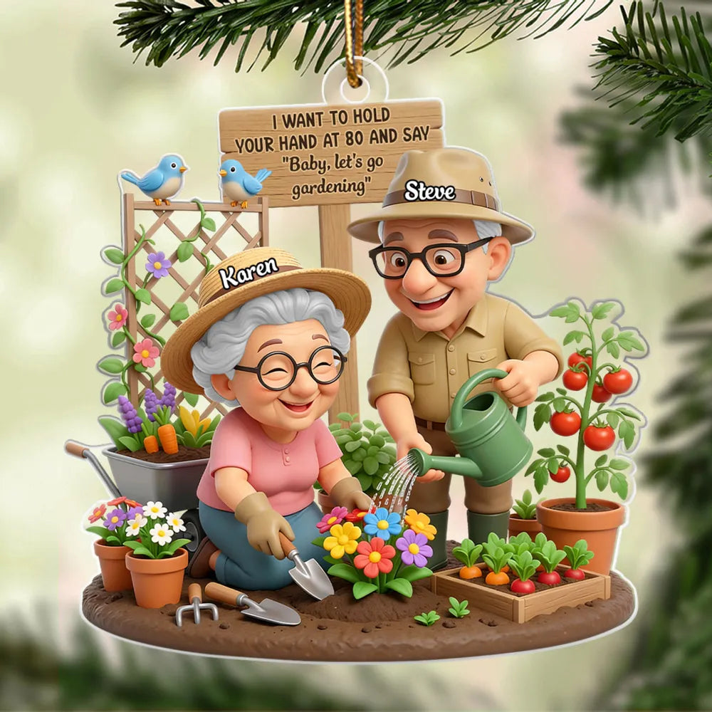 Acrylic Ornament 'Baby, let's go gardening' Sweet Old Couple Garden Scene Keepsake Unique Christmas Gift for Him & Her