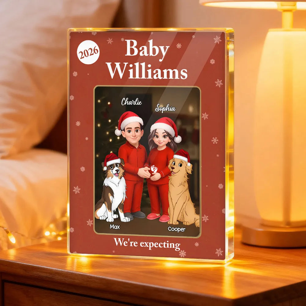 Acrylic Block Plaque Expecting Couple With Dogs, Christmas Santa Hats, Cute Cartoon, a Unique Gift for New Parents
