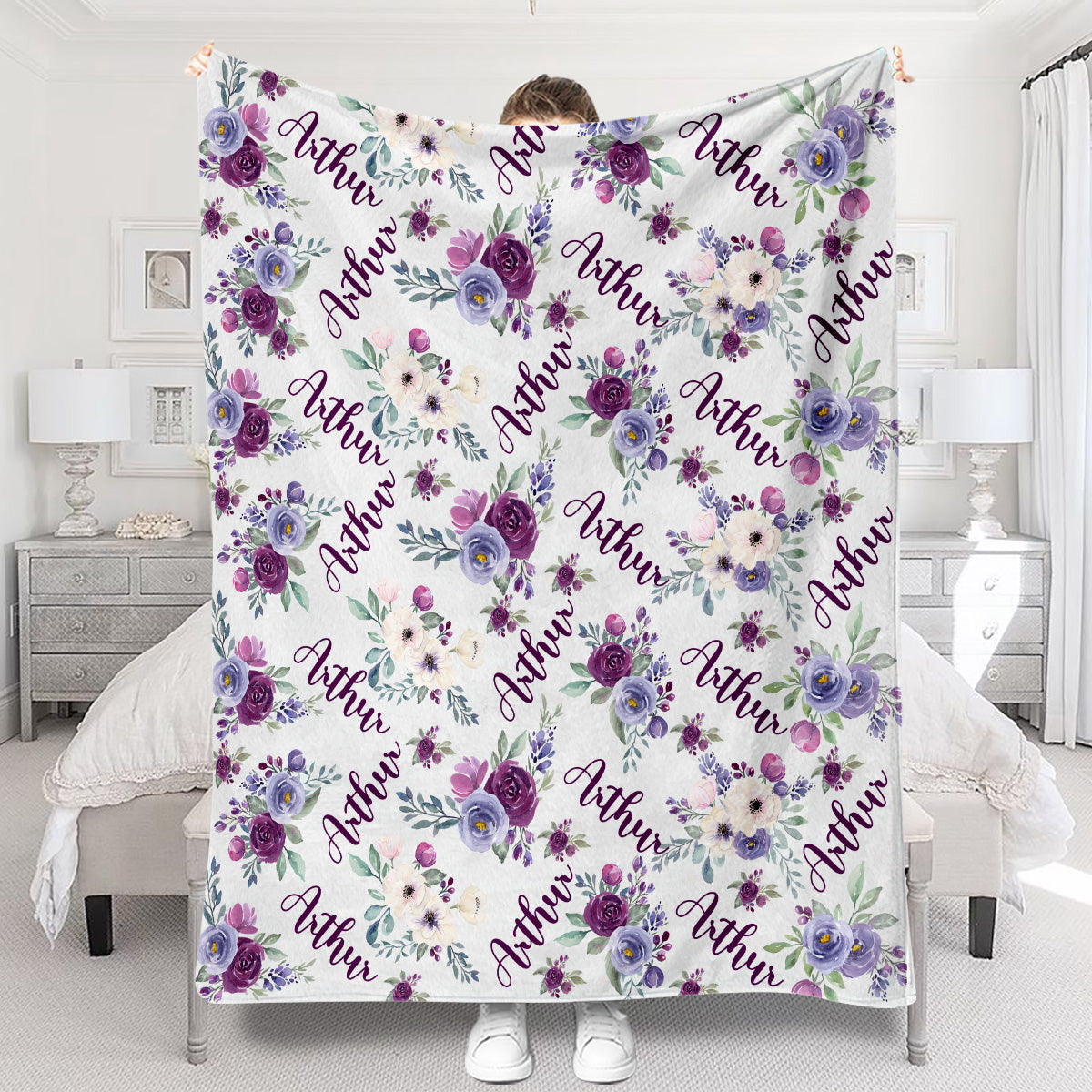 Custom Name Purple Flowers - Personalized grandson Blanket