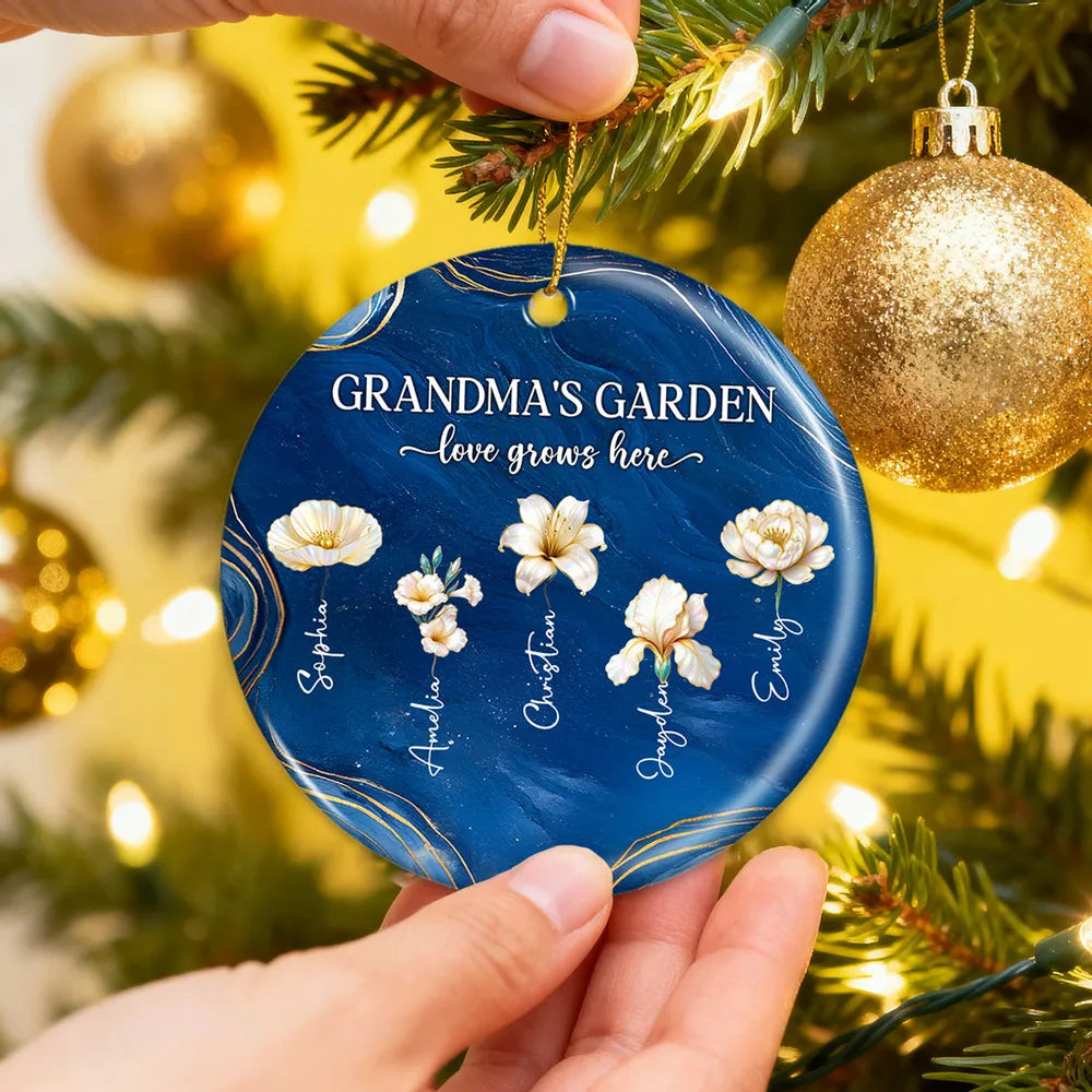 Grandma's Garden Ceramic Ornament, Birth Month Flowers, love grows here - unique gift for Grandma's Christmas tree