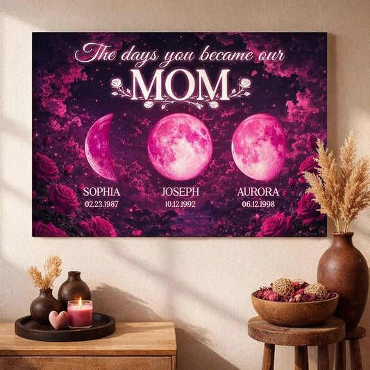 The Days You Became Our Mom Poster, Personalized Pink Moon Wall Art with Rose Accents, Meaningful Gift for Mom
