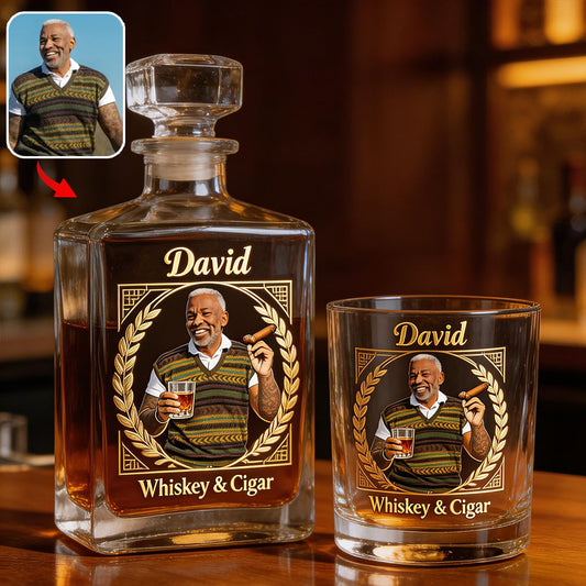 Custom Any Photo, Whiskey & Cigar - Personalized Whisky Whiskey Decanter Set
