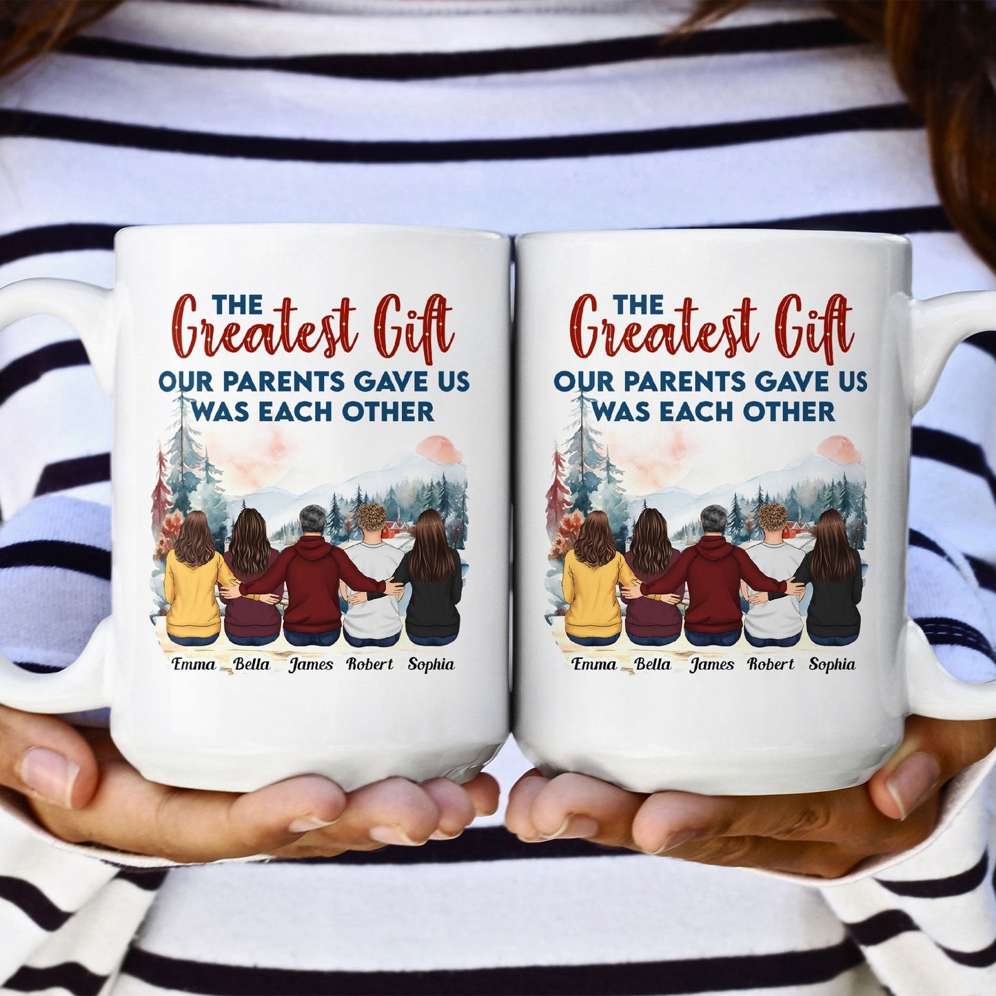 Family Mug with Illustration & Quote, siblings sitting in a snowy mountain scene, a unique gift for Mom & Dad