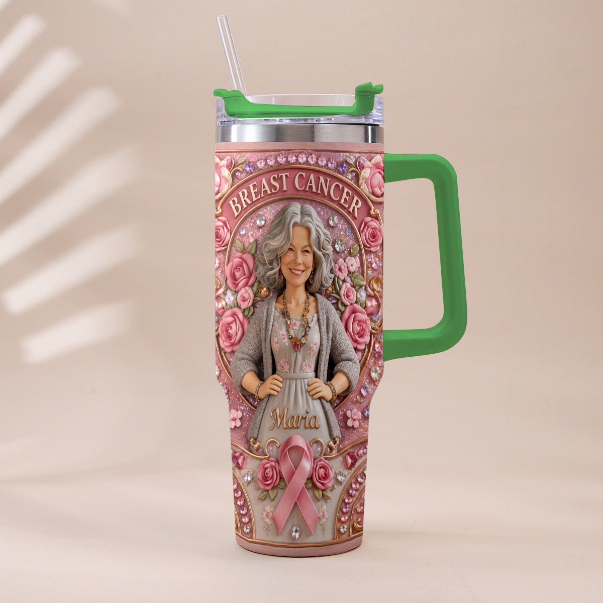 Hope Strength Love - Personalized Breast Cancer Awareness Tumbler With Plush Charm