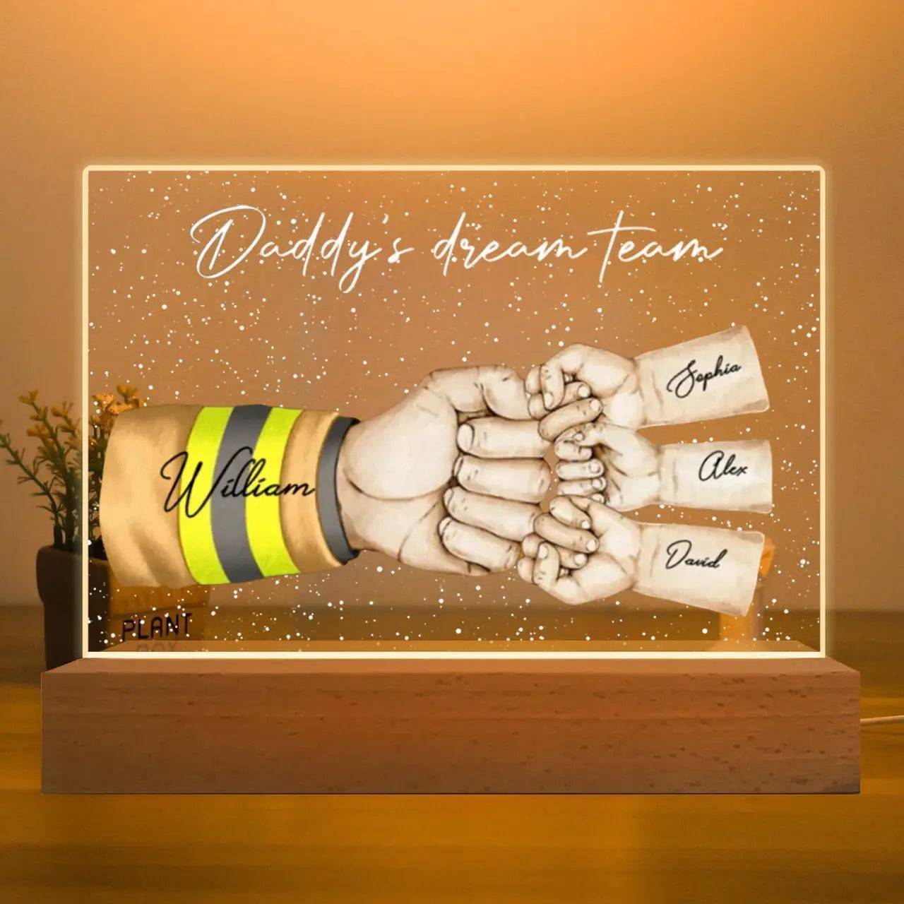 “Daddy's Dream Team” - Personalized Fist Bump Acrylic LED Night Light Plaque- Ideal Father's Day Gift