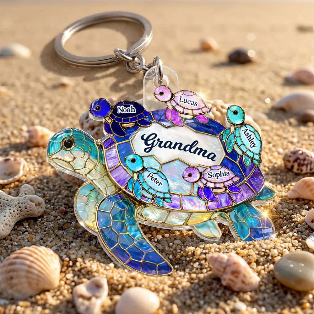Personalized Sea Turtle Acrylic Keychain for Grandma - Bright Stained Glass Style Beach Charm, Unique Gift for Her