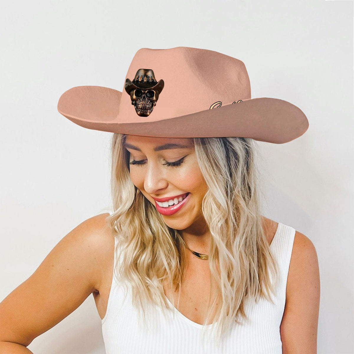Human Skull Skeleton Head Bone, Cowboy Style - Personalized Western Outfit Wide Brim Cowboy Hat