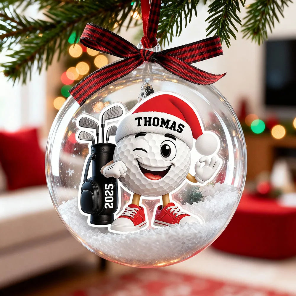 Snow Globe Ornament with Winking Santa Golf Ball, Christmas Tree Decor, playful keepsake, unique gift for golfers and Dad