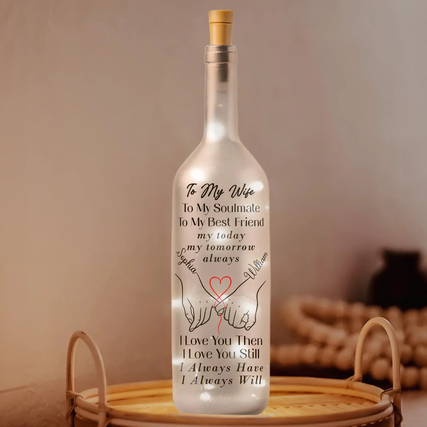 Personalized Bottle Lamp for Wife with Love Quote and Holding Hands Design, Warm Glow Bedroom Decor, Unique Romantic Gift
