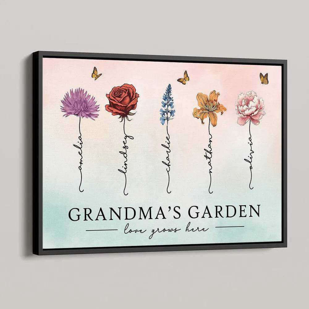 Grandma's Garden Love Grows Here Beautiful Birth Month Flower Gift For Grandma Mom Personalized Keychain, Poster, Plaque, Wallet Card, Car Hanger