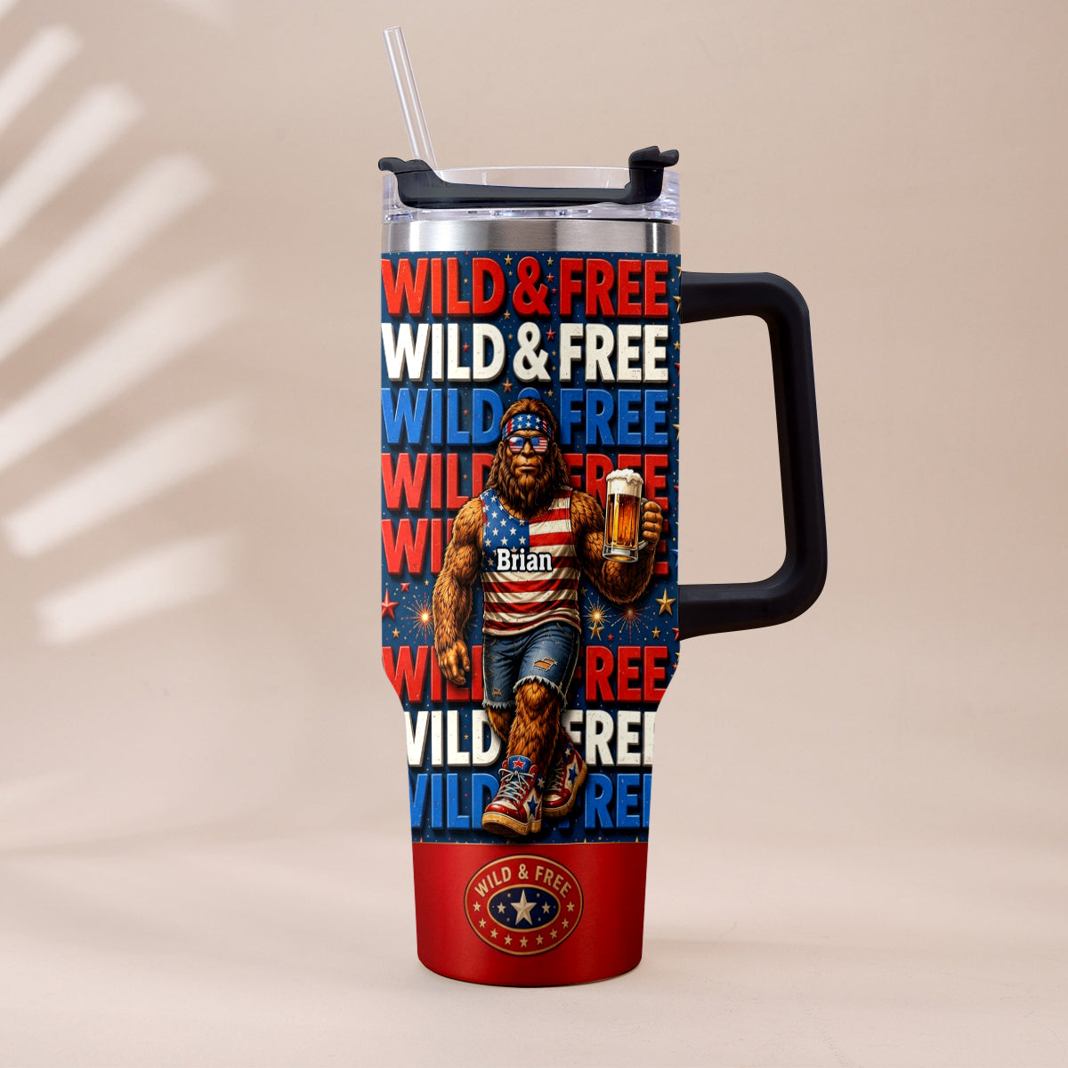4th of July, Bigfoot Independence Day - Personalized Bigfoot Tumbler With Handle