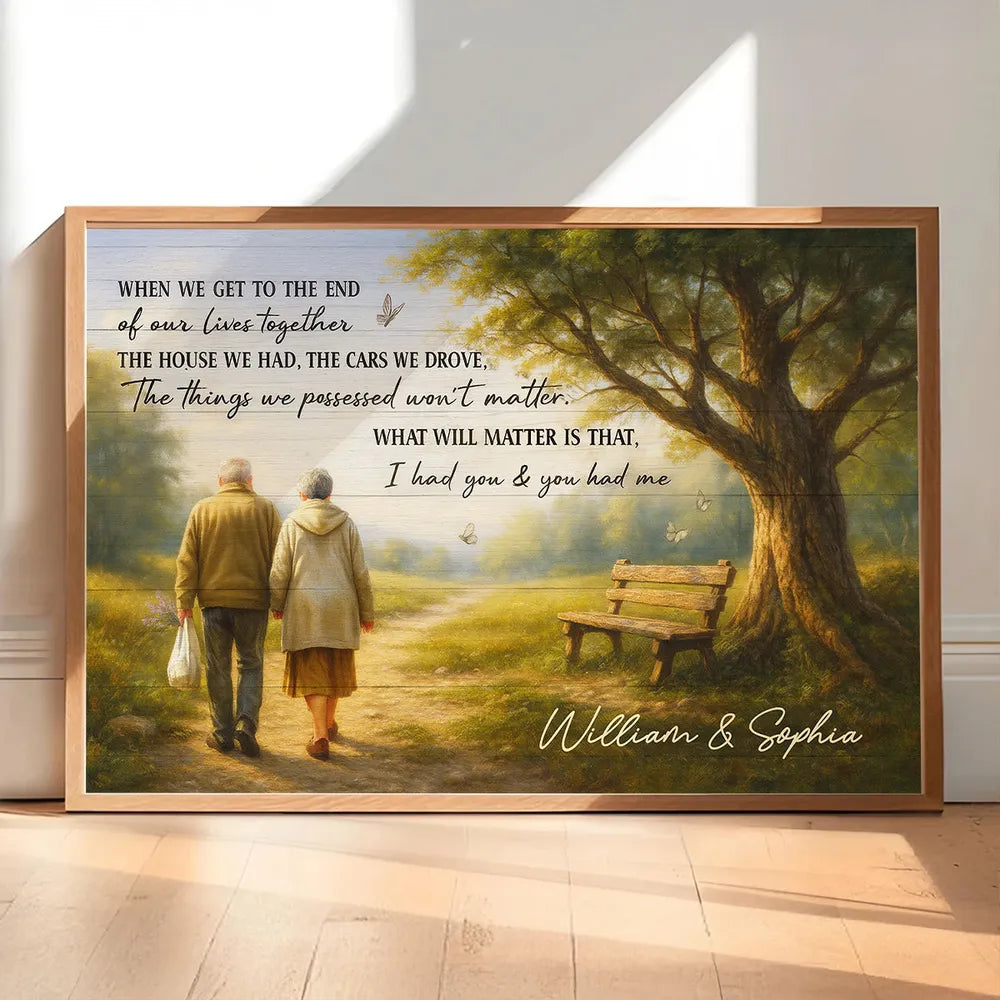 Custom Couple Poster Wall Art – Elderly Pair on Forest Path, Heartfelt Personalized Print, Romantic Keepsake Gift for Lifelong Partners