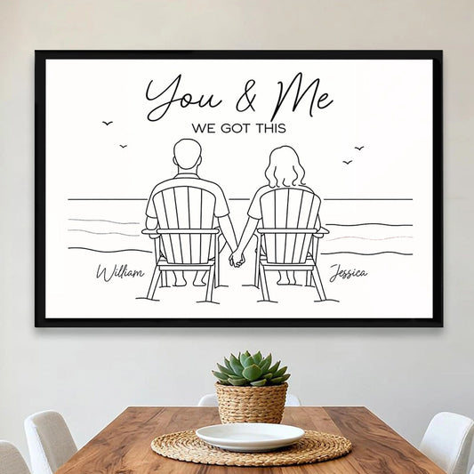 Custom Line Art Beach Poster – Holding Hands Couple Illustration, Add Names, Perfect Anniversary or Valentine’s Gift