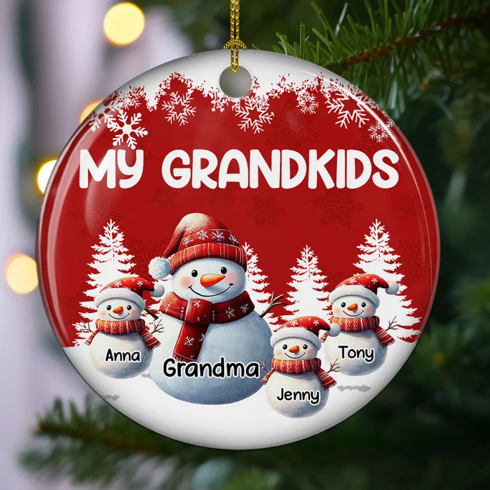 Ceramic Ornament, Cute Snowman Family Grandkids Theme, Easy to Personalize, Holiday Tree Charm, Creative Gift for Grandma