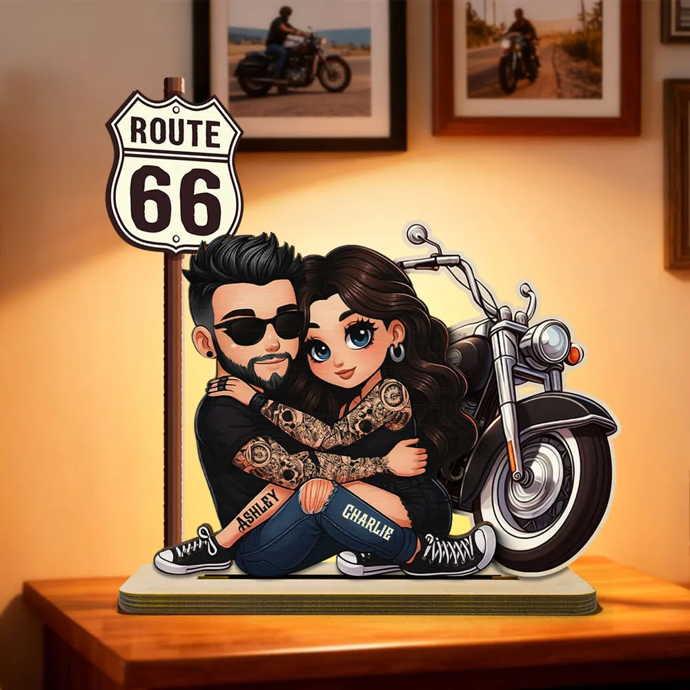 Personalized 2-Layer Wooden Plaque Biker Couple Hugging by Route 66 Motorcycle - Unique Gift For Couples