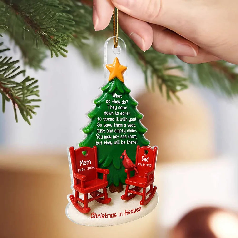 Acrylic Ornament Christmas in Heaven – Red Rocking Chairs & Tree Design, Touching Memorial Gift for Parents or Family
