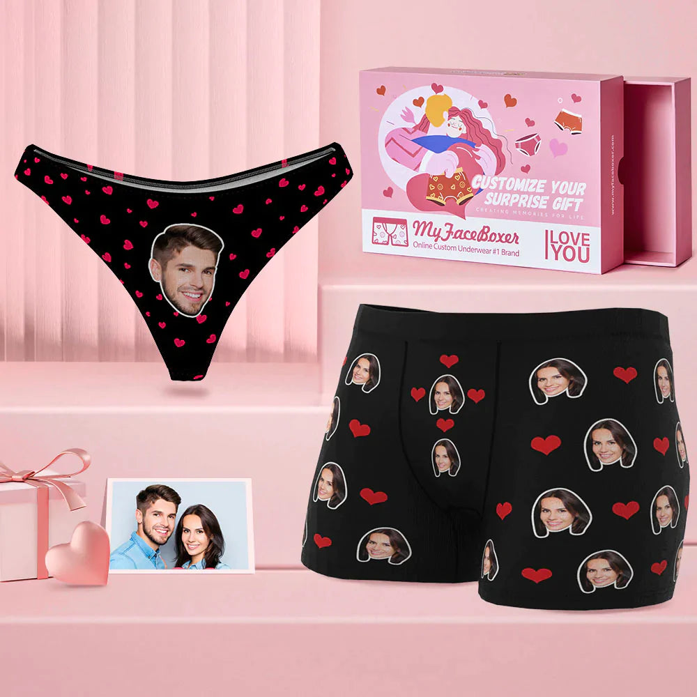 Custom Face Couple Matching Set Women Panties + Men's Boxer Briefs - Personalized Couple Underwear