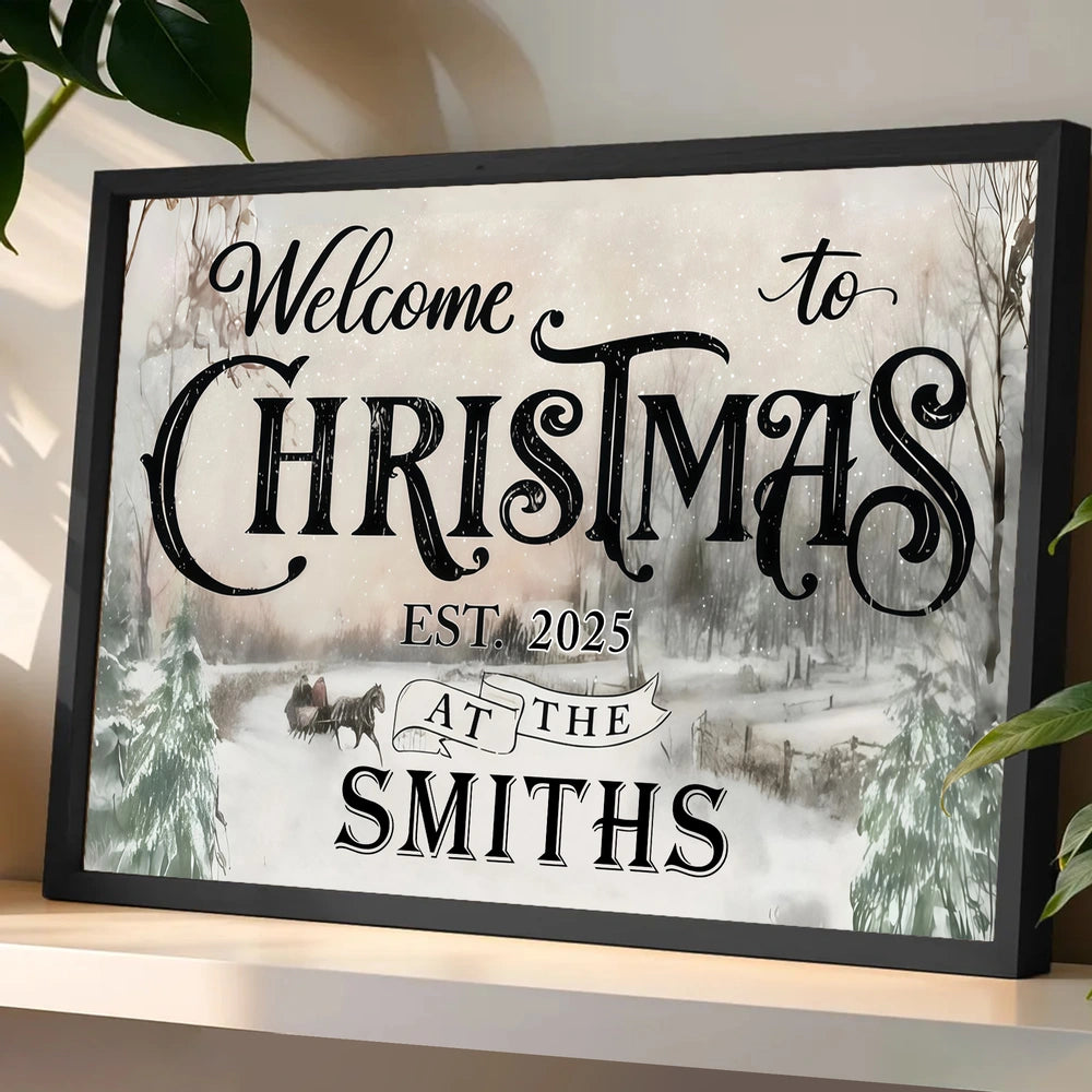 Custom Christmas Welcome Poster, Snowy Horse-Drawn Landscape Wall Decor, Heartwarming Holiday Keepsake, Creative Family Gift for Any Home