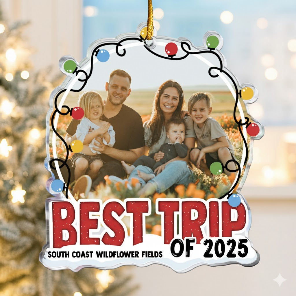 Acrylic Ornament Custom Photo, Festive Lights Frame, Family Hug by a Mountain Lake - Unique Gift for Travelers & Families