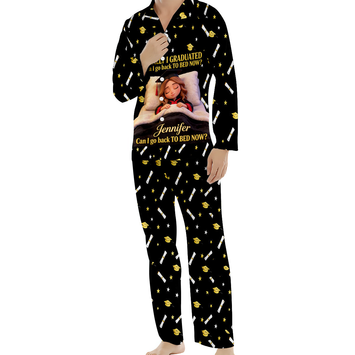 Can I Go To Bed Now - Personalized Graduation Button Down Pajamas