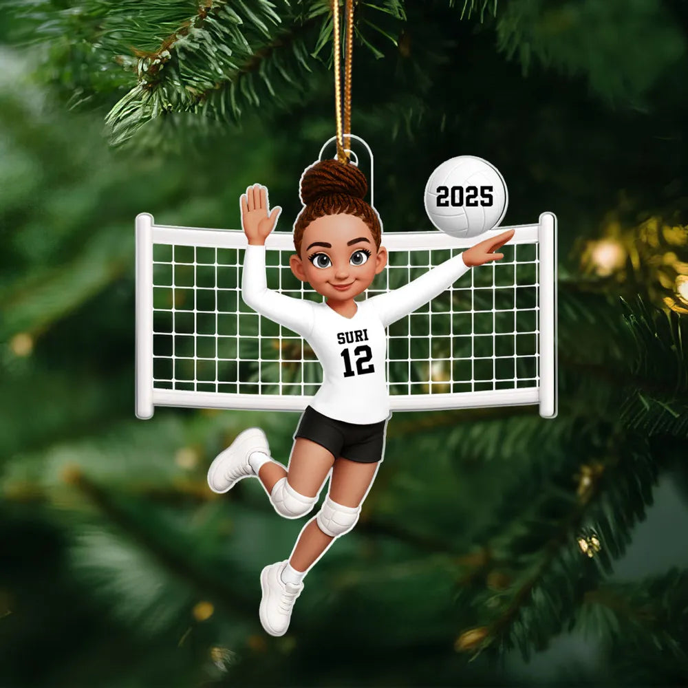 Custom Volleyball Girl Acrylic Ornament with name & number design, sports-themed holiday decoration and perfect gift for athletes