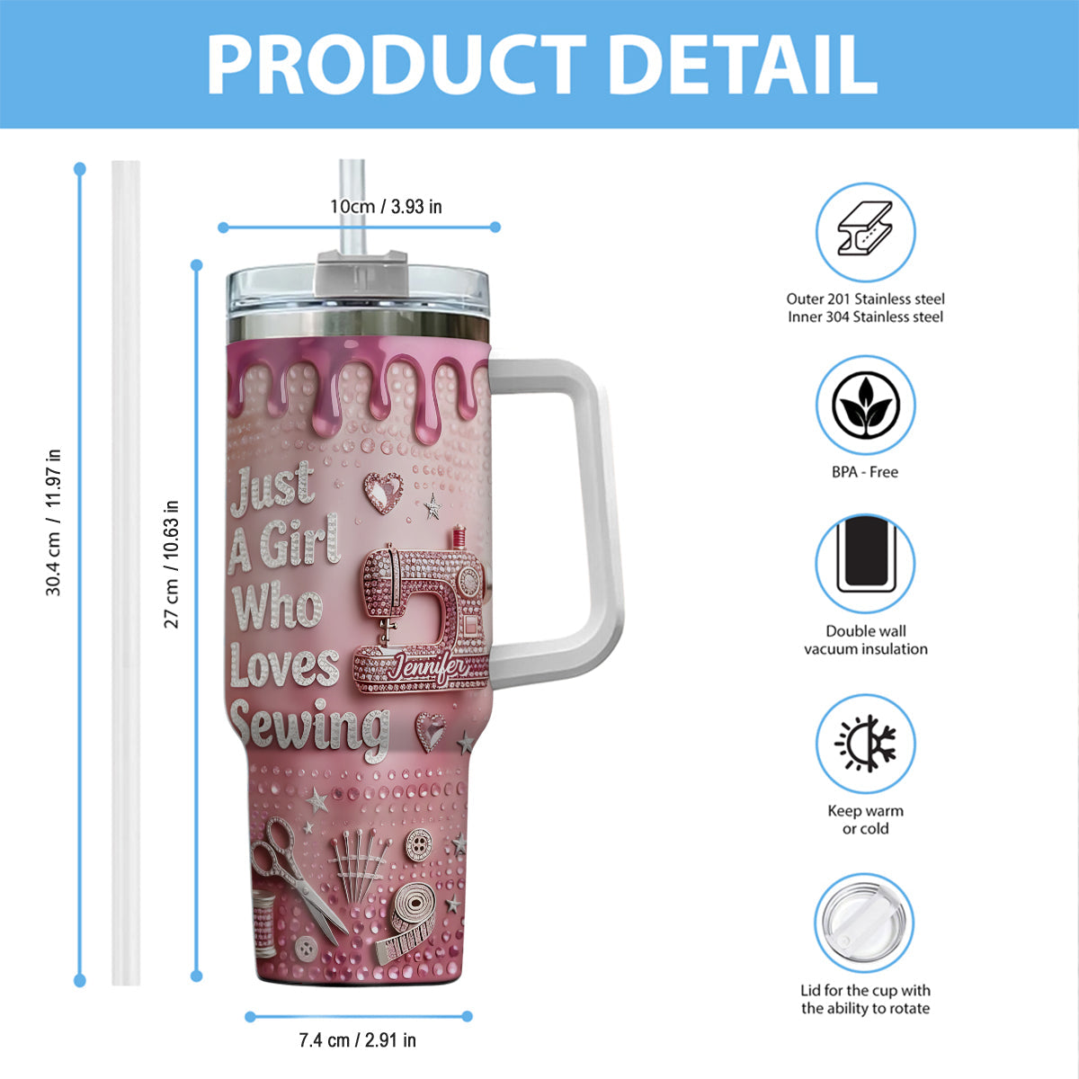 Just A Girl Who Loves Sewing - Personalized Sewing Tumbler With Handle