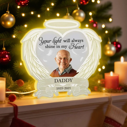 Acrylic Light Box Remembrance Lamp with Angel Wings Heart Design, Warm Glow Tribute, Unique Sympathy Gift for Family